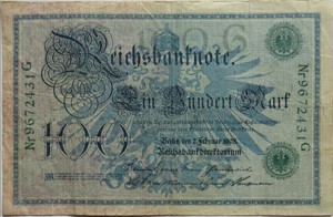 100 Marci 1908 bancnota Germania 1908 Germany 100 Marks Banknote