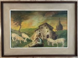 Tablou rustic Peisaj Ciobănaș cu Turma de Oi pictura în ulei pe pânză înrămat rama lemn 56x76cm