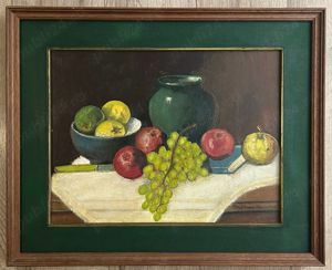 Tablou rustic 1972 Natură Statică cu Fructe pictura în ulei înrămat rama lemn 42x52cm