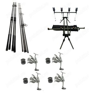 Set Pescuit, 4 Lansete Ebisu 3, 90m din 2 segm, 4 Mulinete 8000, Rod Pod, Senzori