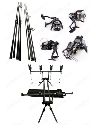 Set 4 Lansete Carbon Ebisu 3,90m, 2 Segm, 4 Mulinete Tambur 12.000, Rod Pod, Senzori