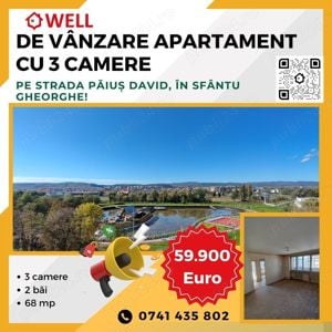 De vânzare apartament cu 3 camere, pe strada Păiuș David, în Sfântu Gheorghe!