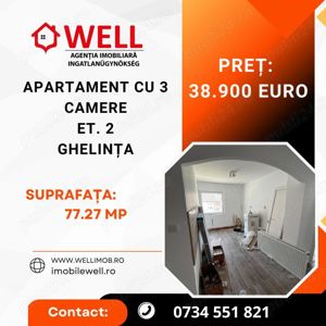 De vânzare apartament cu 3 camere la etajul 2 în Ghelința!