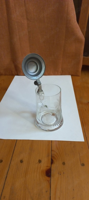 Halbă bere, cană cristal gravat cu capac cositor - imagine 2