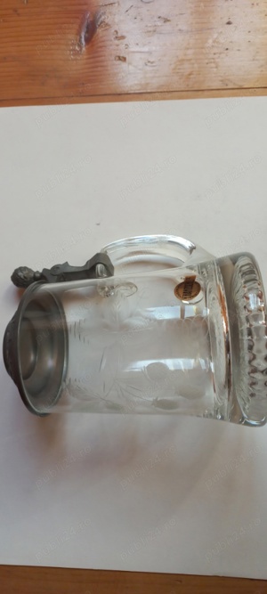 Halbă bere, cană cristal gravat cu capac cositor - imagine 5