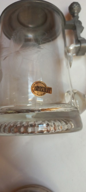 Halbă bere, cană cristal gravat cu capac cositor - imagine 4