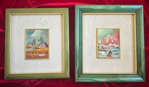 Set 2 Tablouri 1985 Arta Naiva Picturi miniaturale înrămate rame lemn 28x31cm