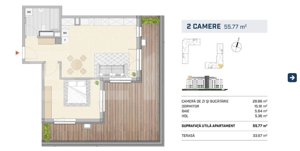 Apartament 2 camere cu terasa 33 mp.