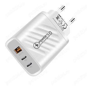Adaptor 3 Porturi, 20W Fast Charge, 1 x USB, 2 x Type-C, Alb