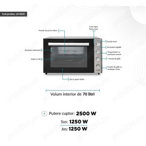 RESIGILAT - Cuptor electric Kumtel LX-9645FA Pizza,Rotisor XXL, 70 litri, 2500 W, Rotisor, Convectie - imagine 3