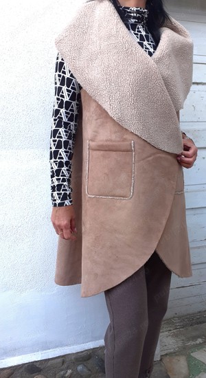 Vestă damă DBarry din blăniță sintetică cu buzunare M L cojoc piele femei haina poncho palton capa  - imagine 5