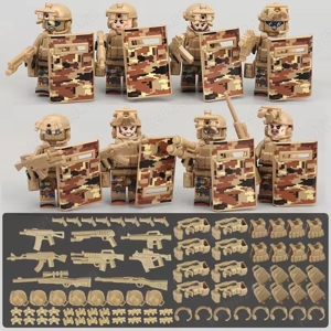 Set 8 Minifigurine tip Lego SWAT cu Scuturi si Camuflaj Bej