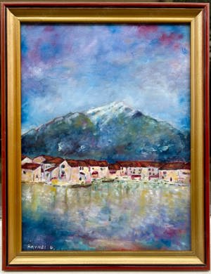 Tablou Peisaj Mediteranean pictura în ulei pe placaj înrămat rama lemn 35x45cm