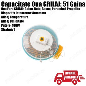 Incubator Clocitoare 51 Oua Ou Pui Gaina Pasari Gasca Rata Prepelita Intoarcere Automata Afisaj Temp