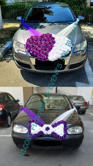 Aranjamente masini nunta set inimioara dubla si papion grena   alb - imagine 2