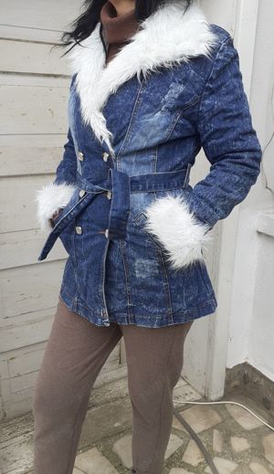 Palton matlasat damă M geacă femei blugi haină cu guler de blăniță