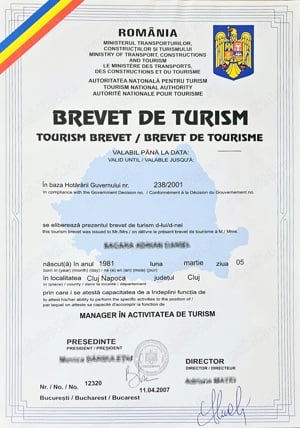 Închiriez brevet de turism Manager în activitatea de turism 