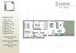 Penthouse 3 camere cu terasa de 32 mp - 118 mp utili - CITY NORD - imagine 2