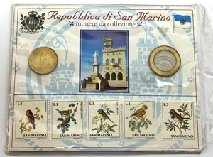 suvenir de colectie Republica San Marino - 2 monede si 5 timbre