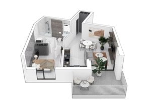 Apartament cu 2 camere 52,65 mp+terasa 10,90 mp, etajul 1