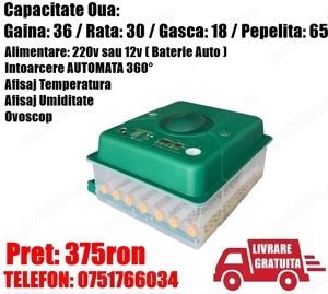 Incubator Clocitoare 36 Oua Gaina Rata Gasca Prepelite Pui Dispozitiv Intoarcere Automata Ovoscop 