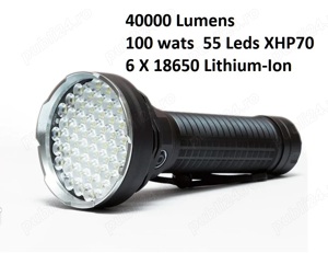 Lanterna Profesionala cea mai puternica 100w 40000 lumeni cu 55 leduri xhp70 6 acumulatori !