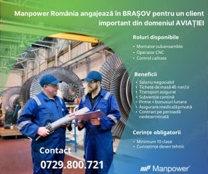 Manpower recruteaza URGENT Montator subansamble, Operator CNC, Controlor calitate in Ghimbav