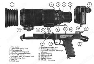 Agfa Billy Compur Sniper Tair 300 mm - teleobiectiv, blitz, schutzfilter lampa gaz blitz   k - 120