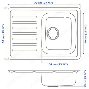 Chiuvetă încorporată pentru bucătărie, din INOX, 1 cuvă+uscător,  70x50 cm, NOUĂ - imagine 2