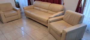 Canapea extensibila cu doua fotolii din piele naturala, productie ADA Salonta