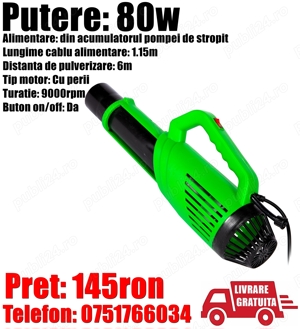 Atomizor Portabil 80W pentru Pompa Stropit cu Acumulator Pomi Legume Fructe + Livrare GRATUITA!