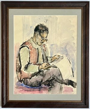 David Teodorovici Tablou 1978 Portret Bătrân citind ziarul pictura acuarele inramat 47x57cm