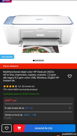 Multifunctional inkjet color HP DeskJet 2822e All-in-One, imprimare, copiere, scanare,  fara cartușe