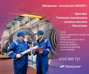 Manpower recruteaza URGENT operator, lacatus mecanic, electrician si tehnician mentenanta in Turda