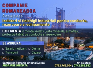 Angajam izolatori si tinichigii industriali, lucrari pe santiere din Romania si toata Europa