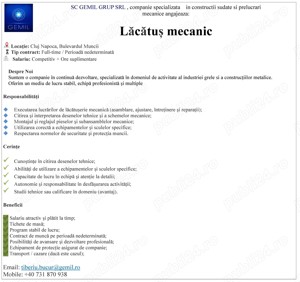 Angajăm Lăcătuș Mecanic