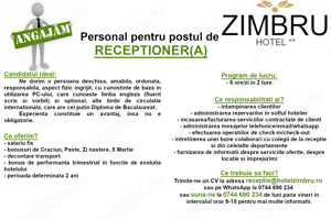 Hotel Zimbru** angajeaza receptioner(a) cu fara experienta