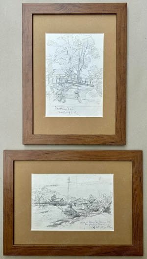 Set 2 Tablouri Grafica in creion 1984 Peisaje Vederi din Bucium Iași, Crochiu inramat 26x35cm