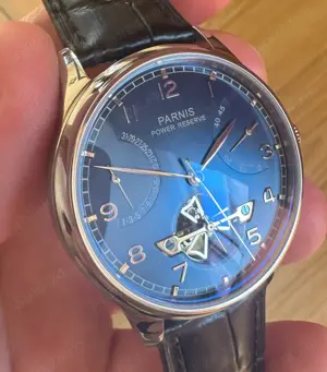 Parnis Portuguese 43 mm Automatic Power Reserve Flywheel Albastru