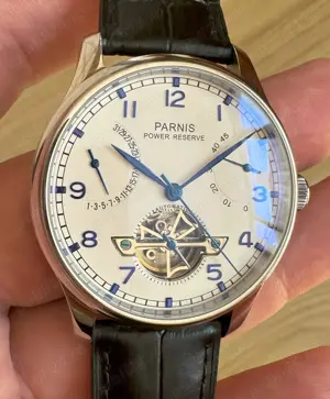Parnis Portuguese 43 mm Automatic Power Reserve Flywheel Alb