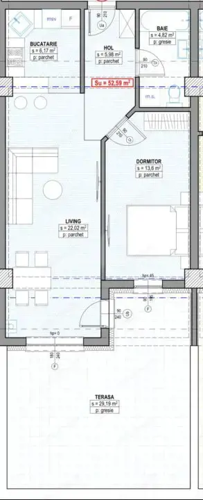 Apartament 2 camere, 58 mp, cu terasa de 75 mp, plata la dezvoltator, Suceava