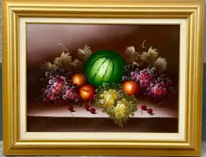 Tablou Natura Statică cu Fructe pictura in ulei pe pânză, cu certificat, înrămat rama lemn 70x90cm