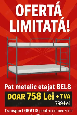 SUPER PROMOȚIE   Pat Metalic Etajat Model BEL8 - Doar 758 Lei + TVA