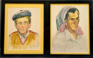 Set 2 Tablouri 1965 Portrete Femeie cu Basma și Băiat cu Bască albastră, picturi în acuarele, 40x50c