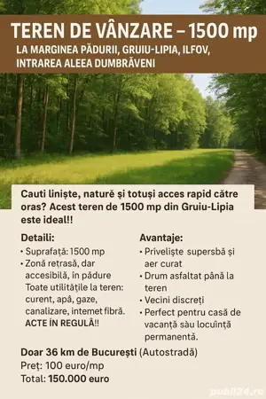 1500 m teren intravilan Sat Lipia Comuna Gruiu