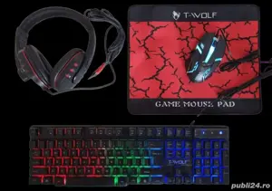 Tastatura Rgb Gaming negru cu leduri nou nout cu cablu.Cadou mousepad-mouse-si cssca gaming.