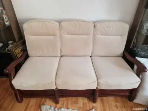 vand set Roma, canapea 3 locuri extensibila, fotoliu si balansoar, toate din lemn masiv - imagine 3