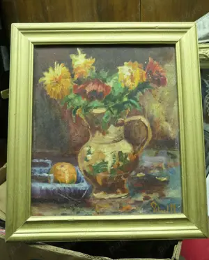 Pelinel M. Natura Moarta Vas cu flori Ulei  Carton 40 35cm Rama lemn