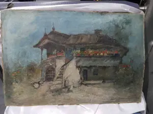 Tablou Peisaj Casa  Natura Moarta - Aurelia Ananescu - Ulei Carton Rama epoca