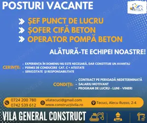 Angajam  Șef punct de lucru, Șofer cifă beton, Operator cifă beton - Punct de lucru Tecuci, jud. GL